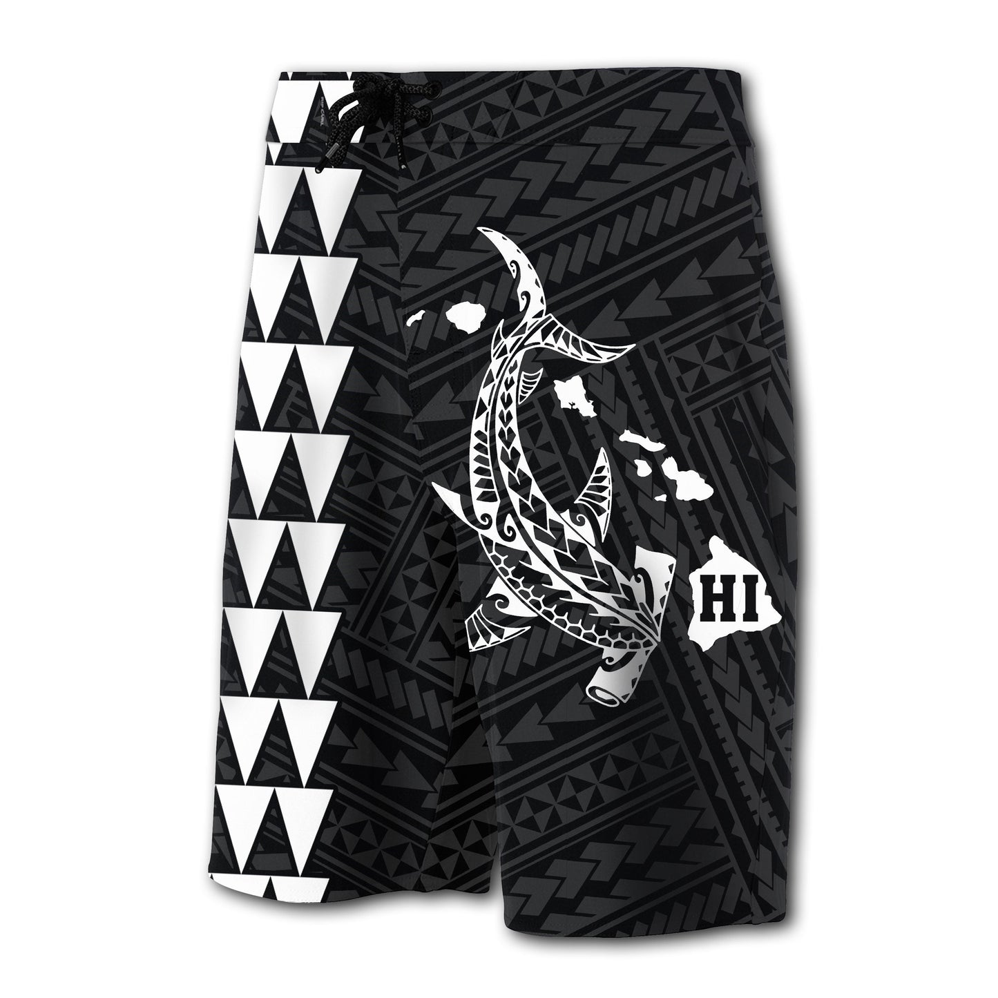 Hawaii Kakau Polynesian Hammerhead Shark Map Board Shorts - White