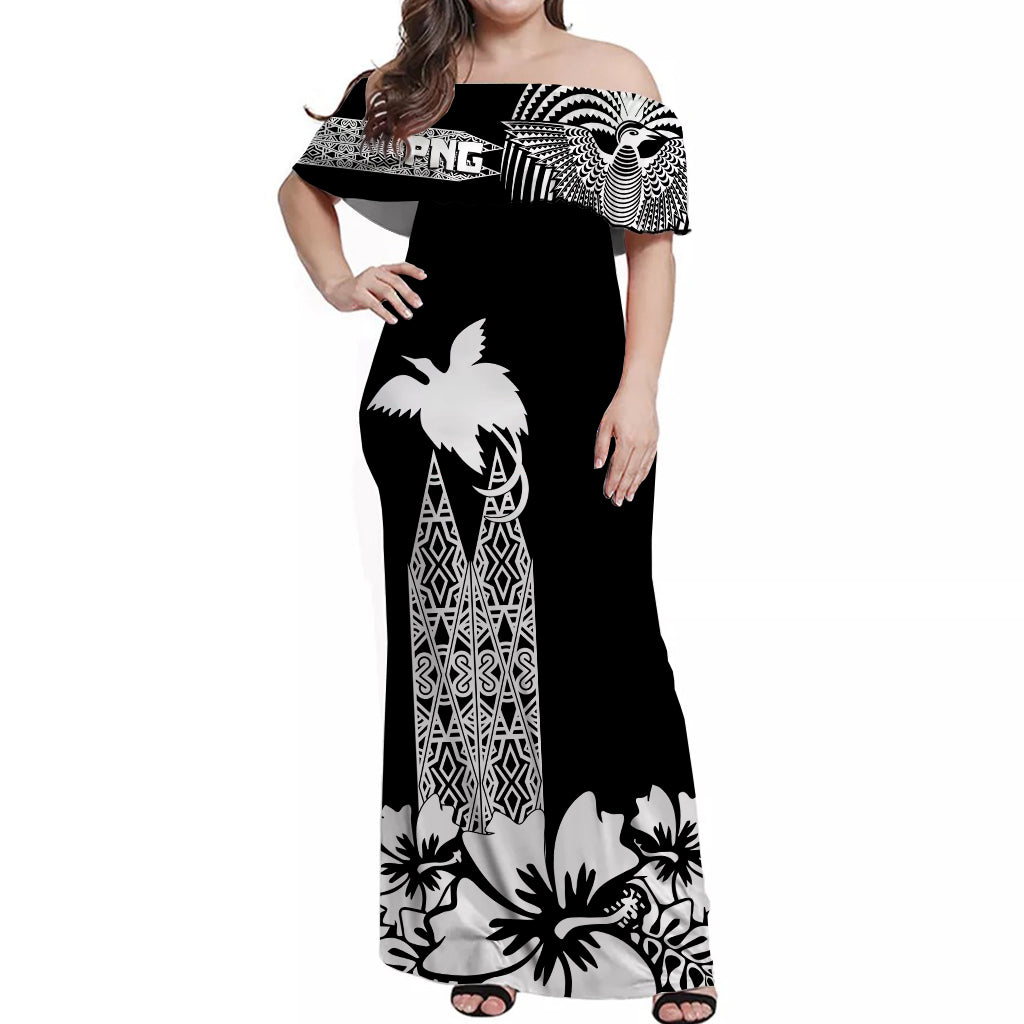 PNG Hibiscus Tribal Pattern Off Shoulder Long Dress Motuan White Color