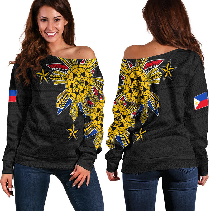 Filipino Off Shoulder Sweater Tribal Black Style
