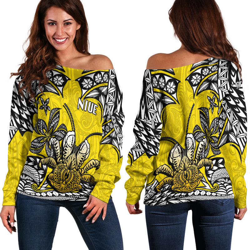 Niue Uga Off Shoulder Sweater Tribal Patterns Yellow Style