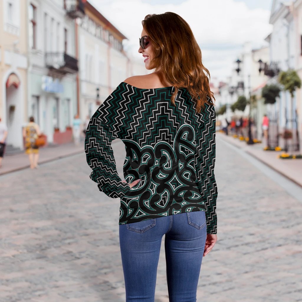 New Zealand Off Shoulder Sweater Maori Graphic Tee patterns Green