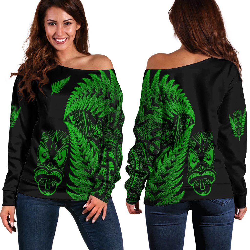 New Zealand Haka Rugby Maori Women Off Shoulder Sweater Silver Fern Vibes Green