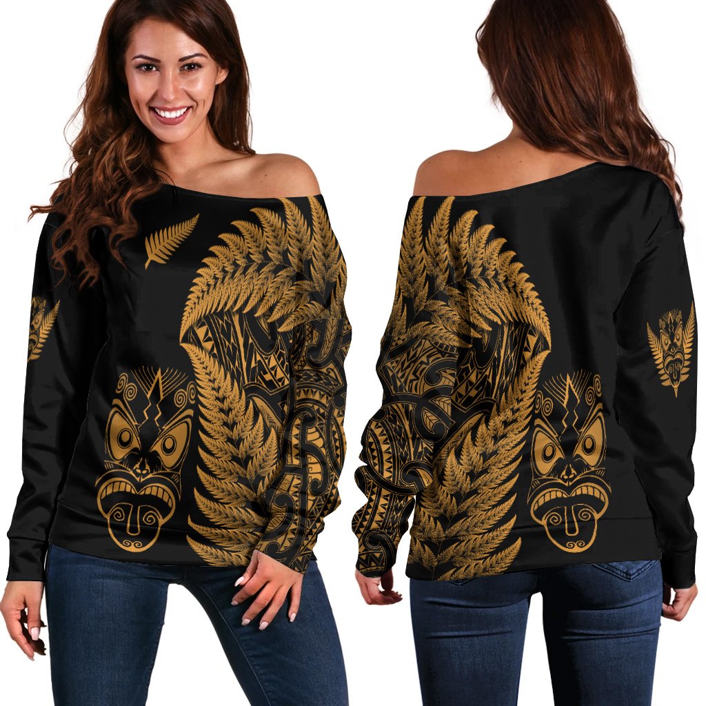 New Zealand Haka Rugby Maori Women Off Shoulder Sweater Silver Fern Vibes Gold