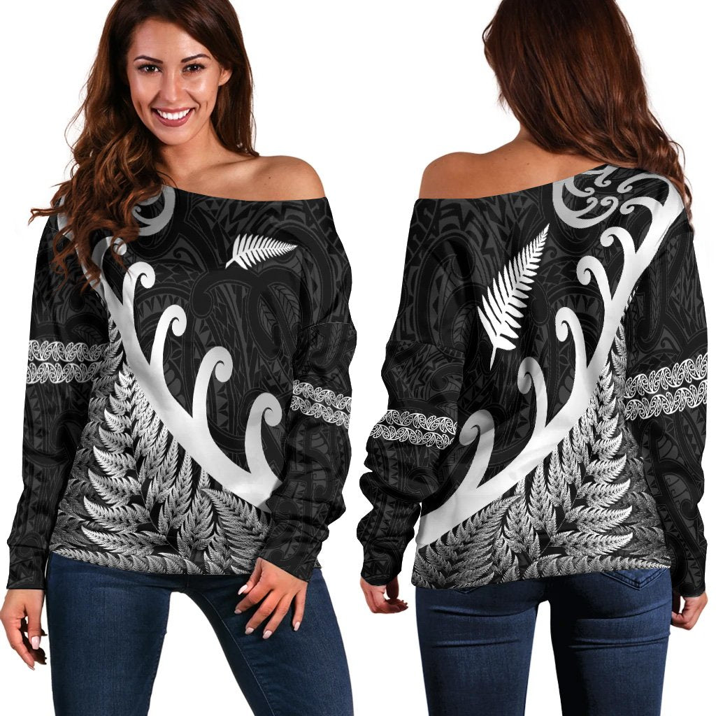New Zealand Rugby Maori Women Off Shoulder Sweater Silver Fern Koru Vibes Black