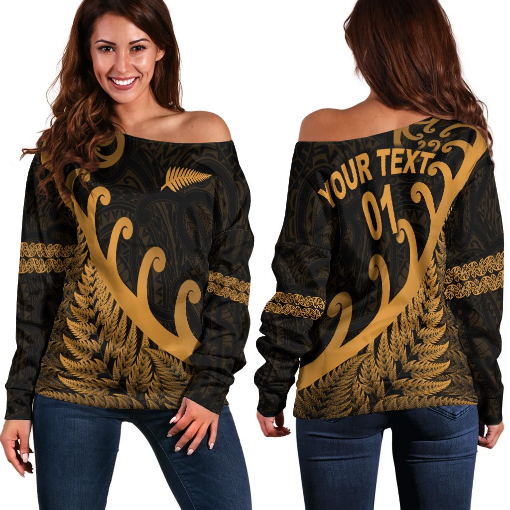 (Custom Personalised) New Zealand Rugby Maori Women Off Shoulder Sweater Silver Fern Koru Vibes Gold