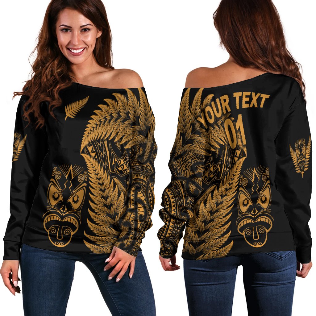 (Custom Personalised) New Zealand Haka Rugby Maori Women Off Shoulder Sweater Silver Fern Vibes Gold