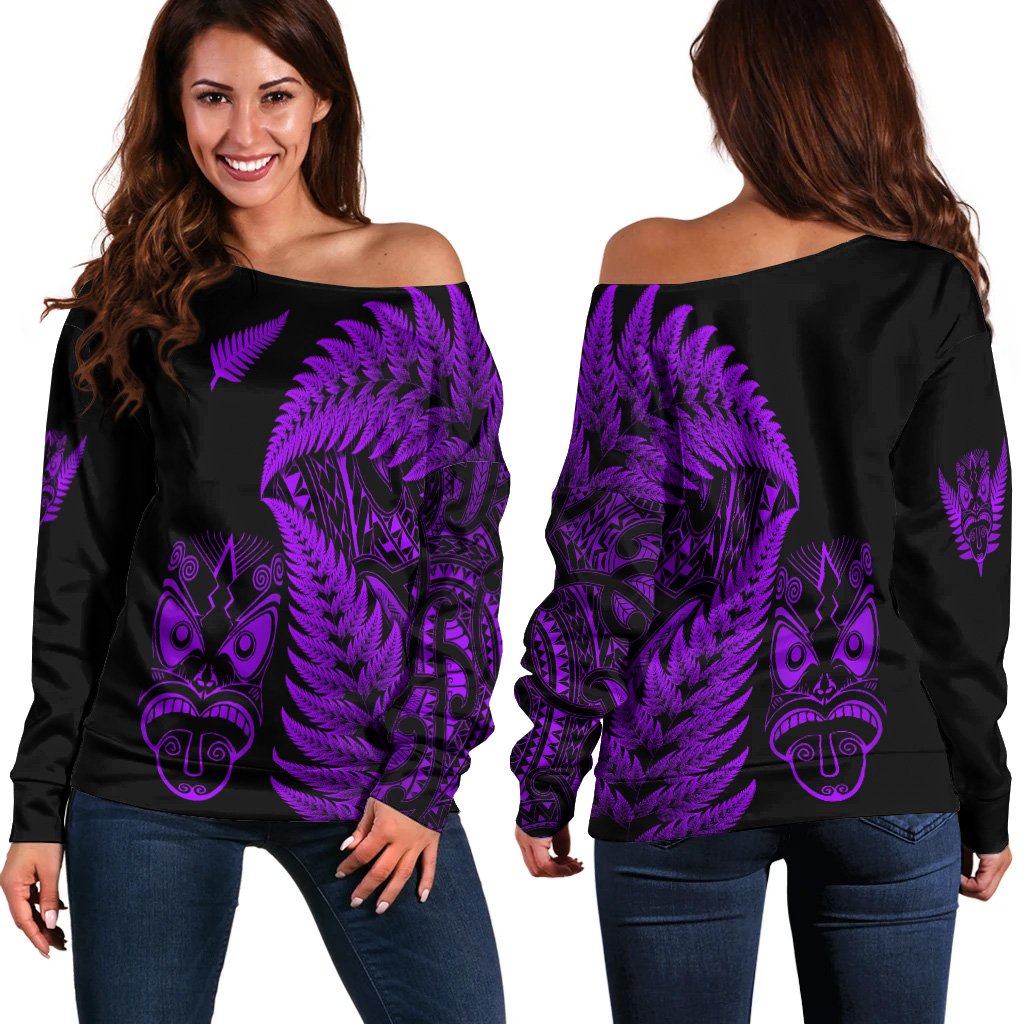 New Zealand Haka Rugby Maori Women Off Shoulder Sweater Silver Fern Vibes Purple