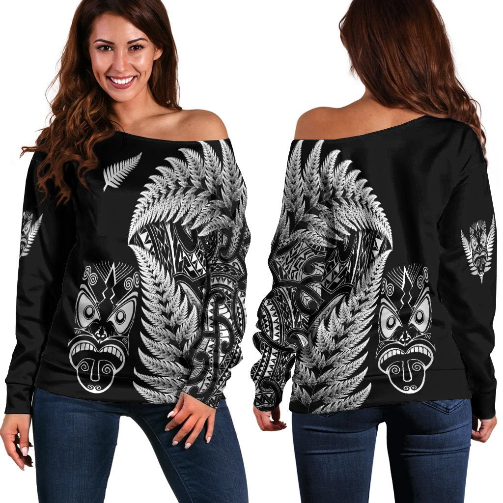 New Zealand Haka Rugby Maori Women Off Shoulder Sweater Silver Fern Vibes Black