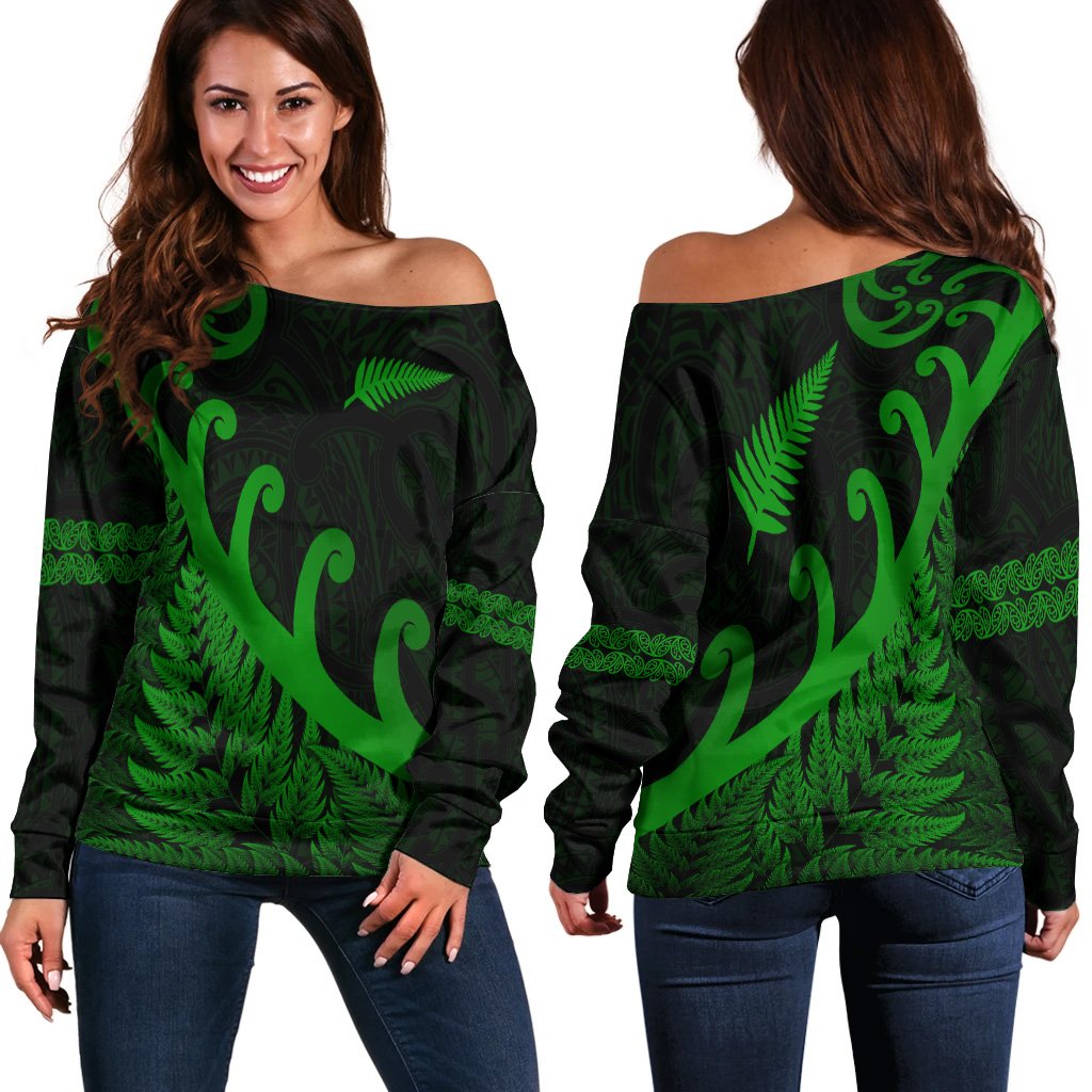 New Zealand Rugby Maori Women Off Shoulder Sweater Silver Fern Koru Vibes Green