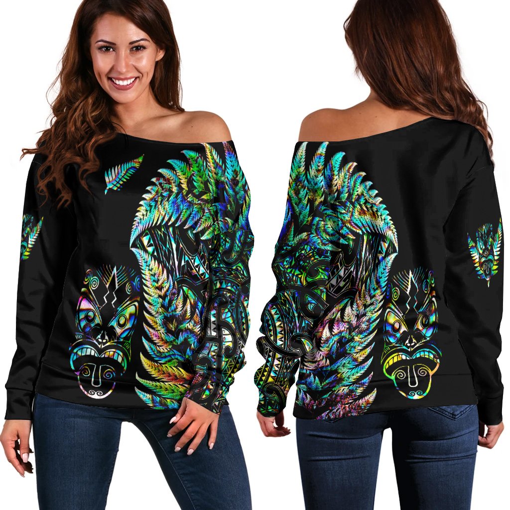 New Zealand Haka Rugby Maori Women Off Shoulder Sweater Silver Fern Vibes Paua Shell