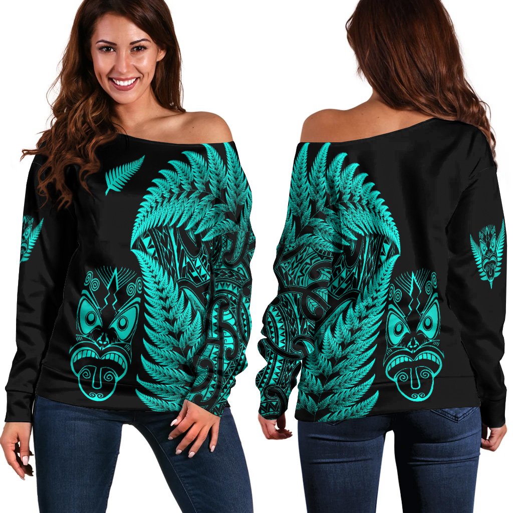 New Zealand Haka Rugby Maori Women Off Shoulder Sweater Silver Fern Vibes Turquoise