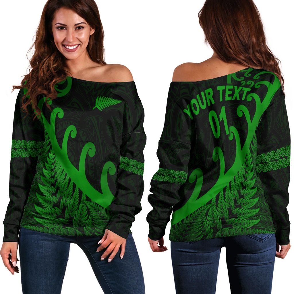 (Custom Personalised) New Zealand Rugby Maori Women Off Shoulder Sweater Silver Fern Koru Vibes Green