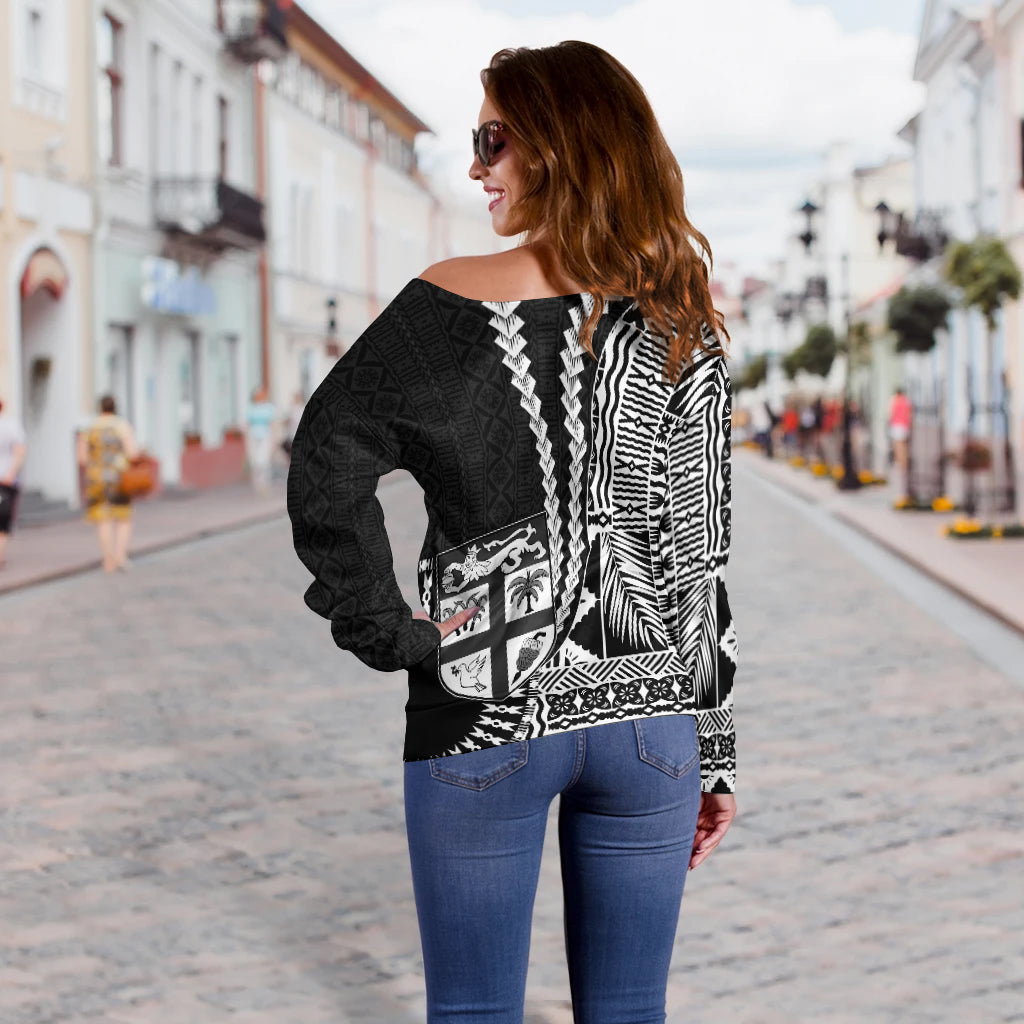 Fiji Off Shoulder Sweater Masi Tapa Patterns Black Style