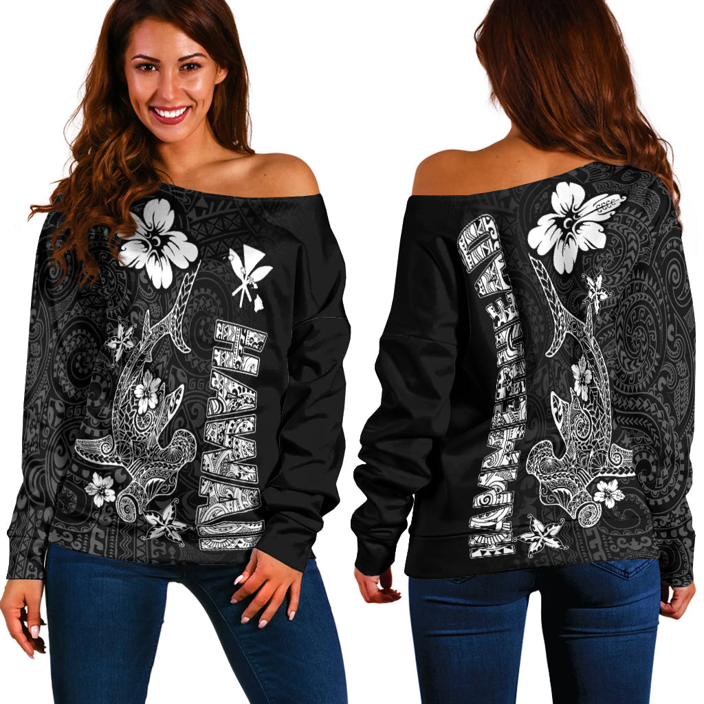 Hawaii Hammerhead Shark Hibiscus Hawaii Pattern Women Off Shoulder Sweater