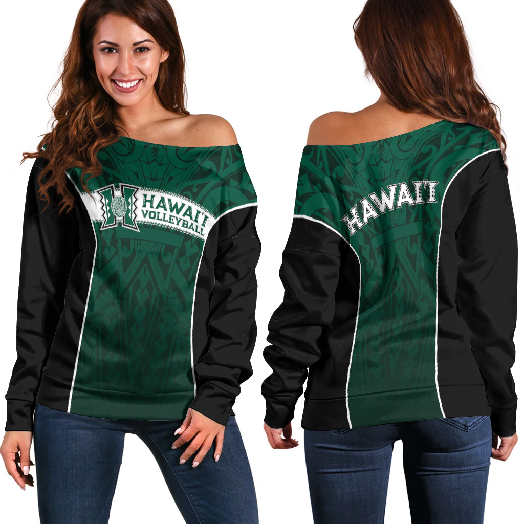 Hawaii Volleyball Green Warrior Women Off Shoulder Sweater