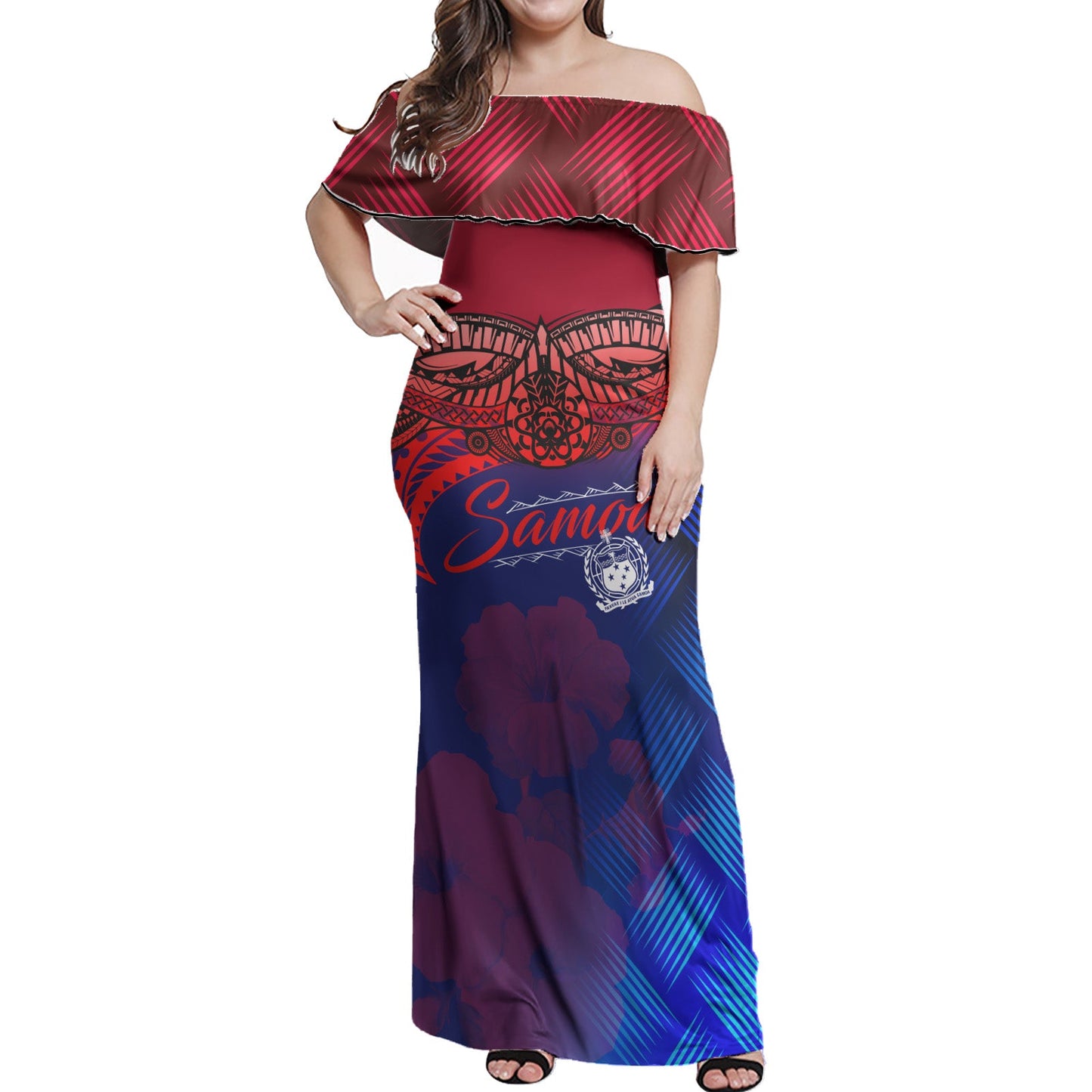 Samoa Polynesian Woman Off Shoulder Long Dress Samoa Coat Of Arms With Lauhala Tribal Pattern