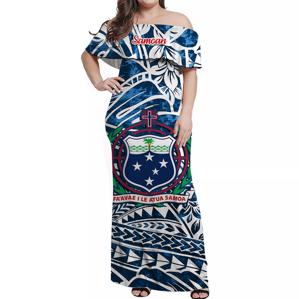 Samoa Off Shoulder Long Dress Hibiscus and Turtles Blue