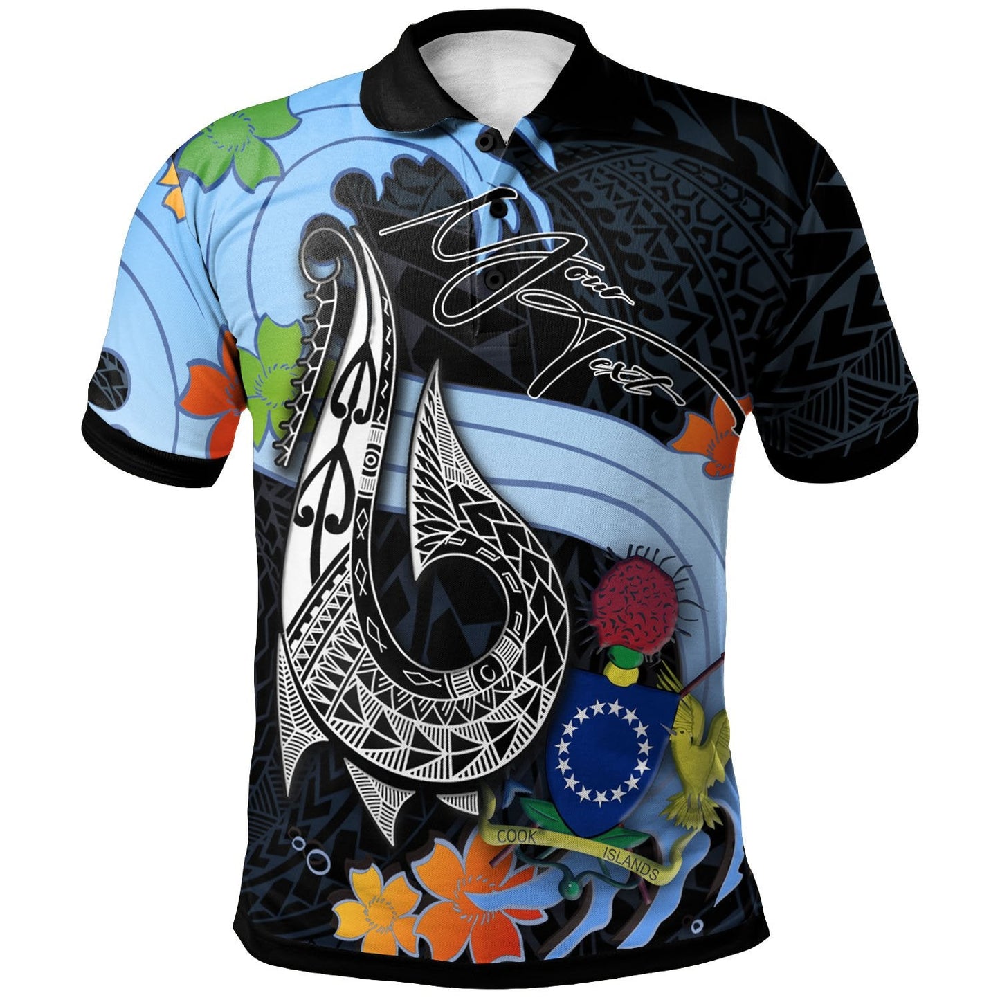 Cook Islands Custom Personalised Polo Shirt - Fish Hooks And Wave
