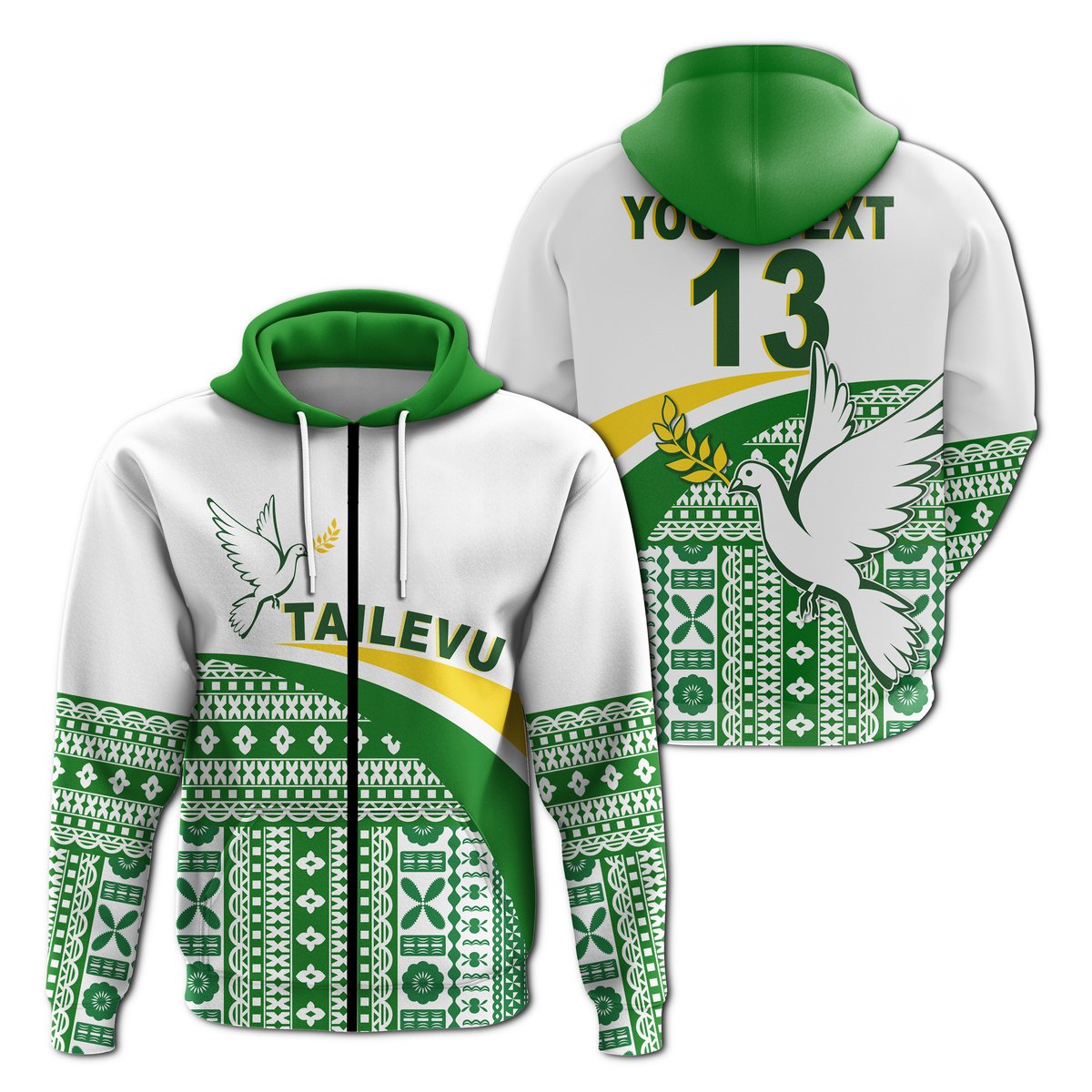 ( Text and Number) Tailevu Rugby Zip Hoodie Fiji Rugby Tapa Pattern White