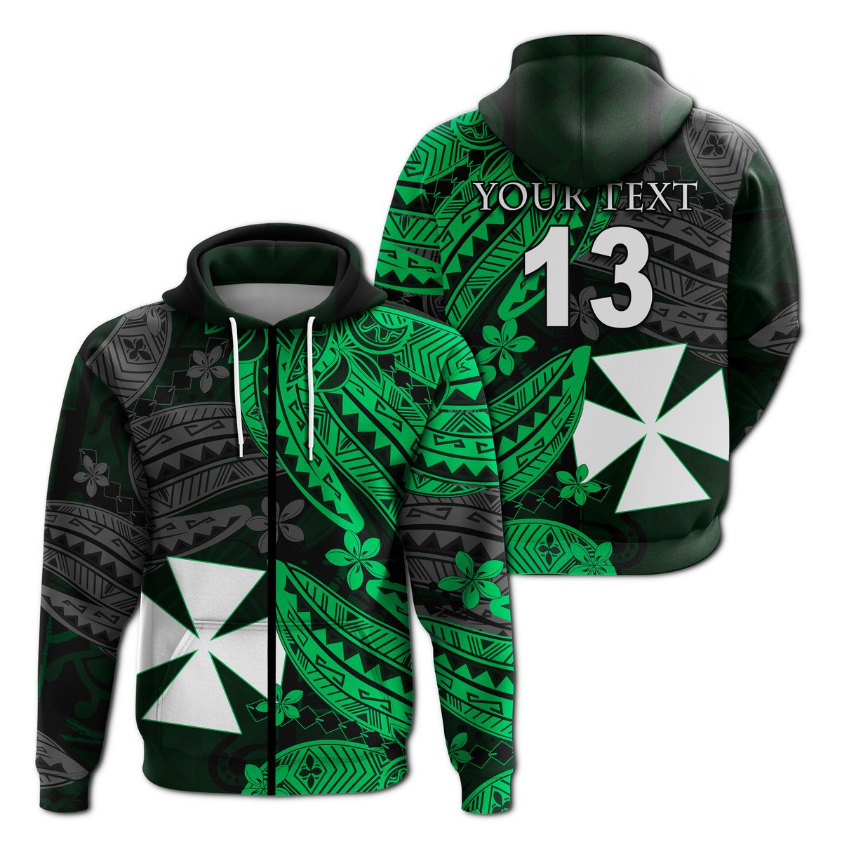 ( Text and Number) Wallis and Futuna Zip Hoodie Enjoy Polynesian Flowers Version Green