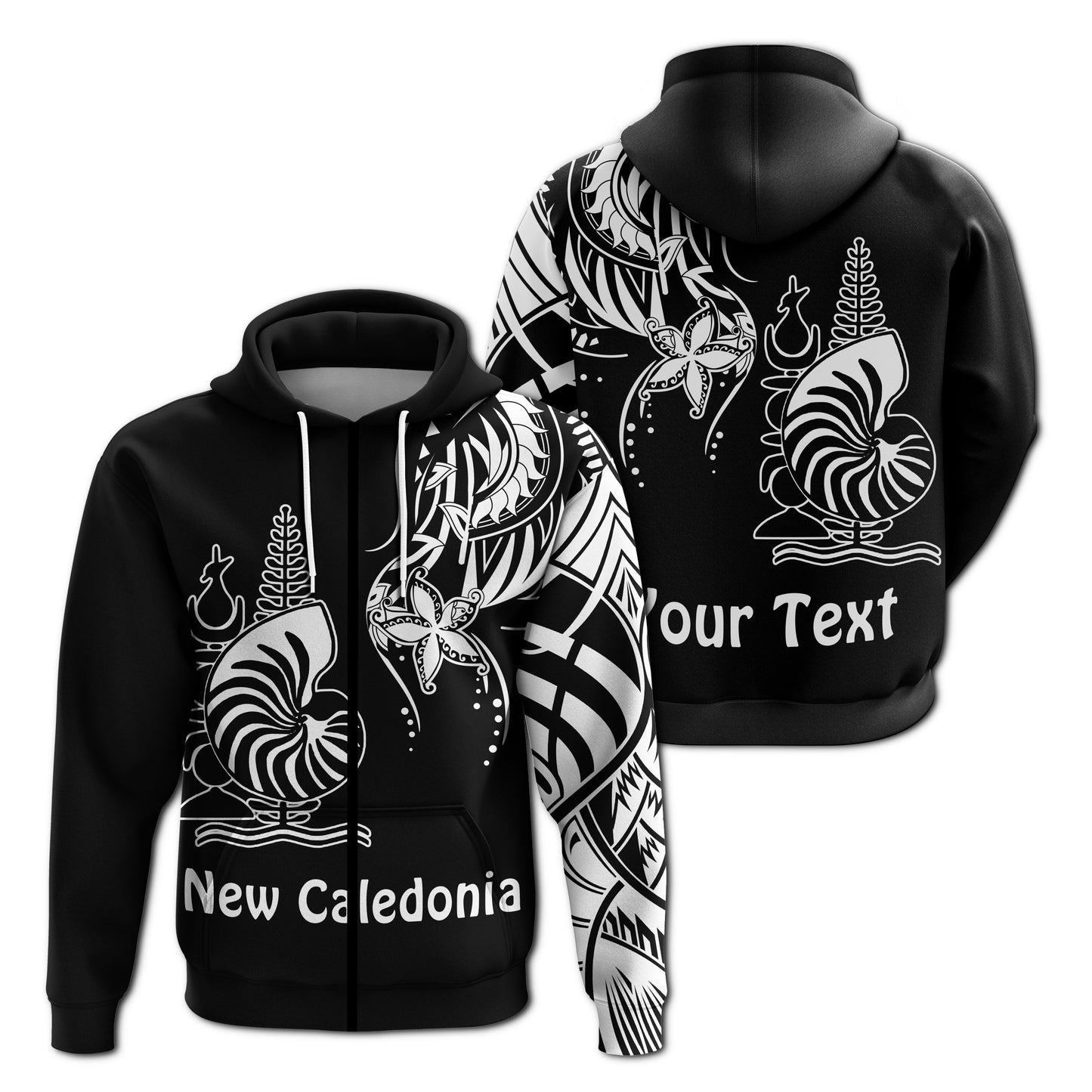 ( Personalised) New Caledonia Zip Hoodie Emblem Nautilus Shell Version Black