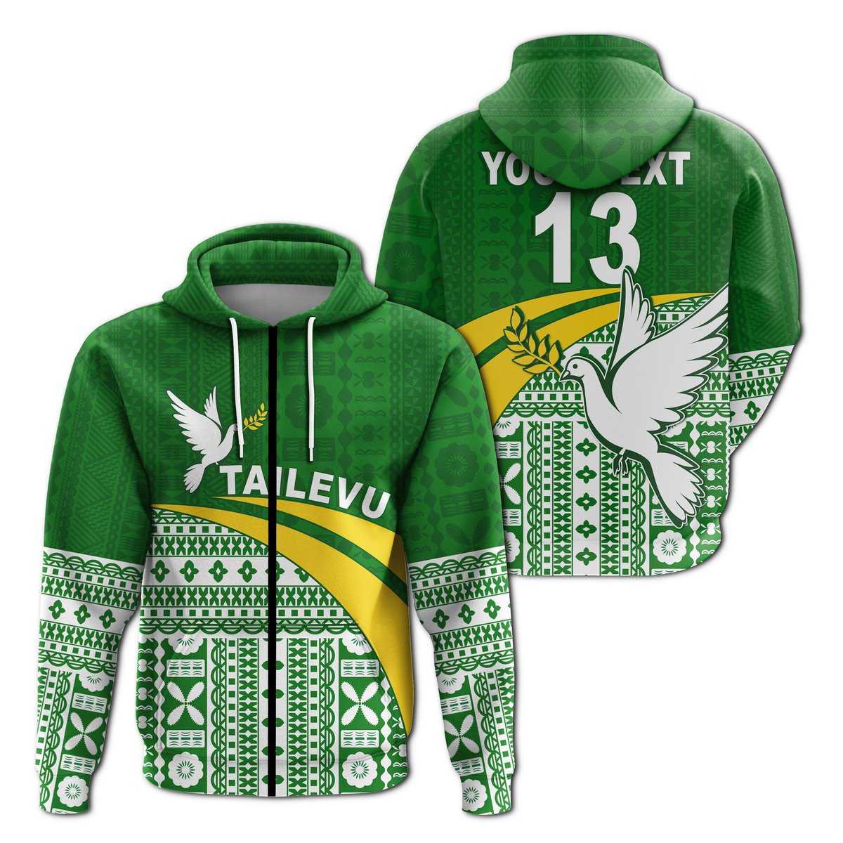 ( Text and Number) Tailevu Rugby Zip Hoodie Fiji Rugby Tapa Pattern Green