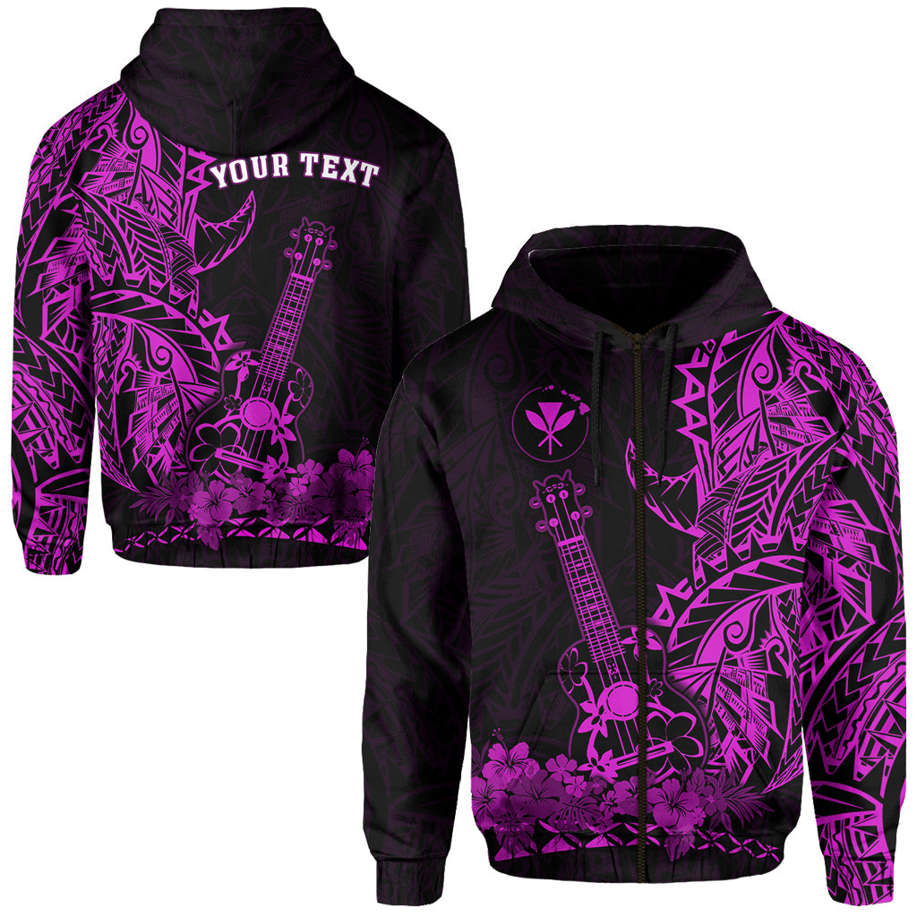 Custom Text Hawaii Polynesian Zip Hoodie Ukulele Purple
