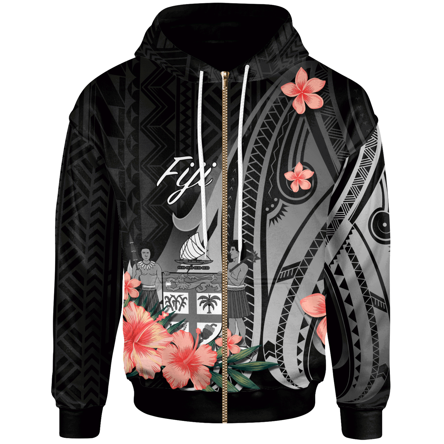 Fiji Zip Hoodie Polynesian Hibiscus Pattern Style