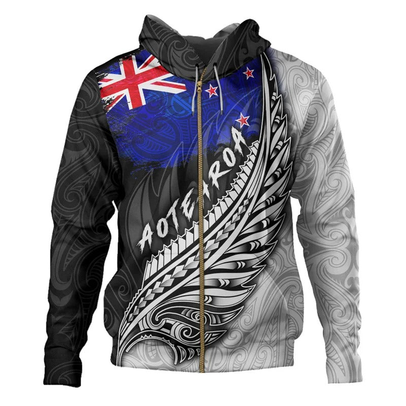 New Zealand Flag Silver Fern Hoodie NZ Aotearoa Zip Hoodie All Over Print