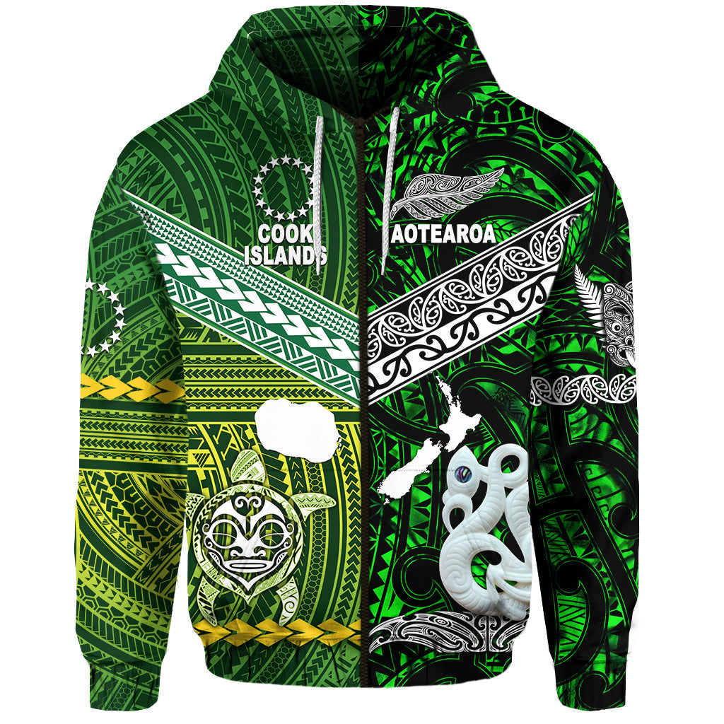 New Zealand Maori Aotearoa Zip Hoodie Cook Islands Together Green