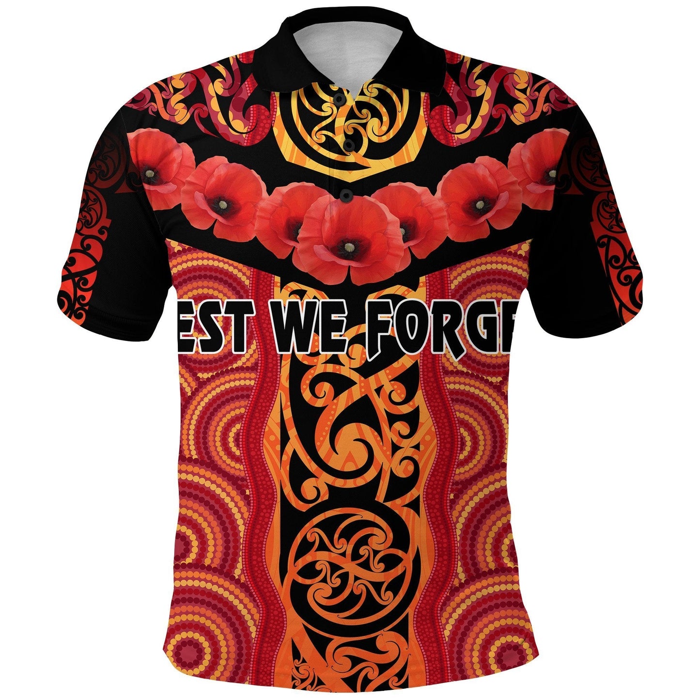 Anzac Lest We Forget Poppy Polo Shirt New Zealand Maori Silver Fern - Australia Aboriginal