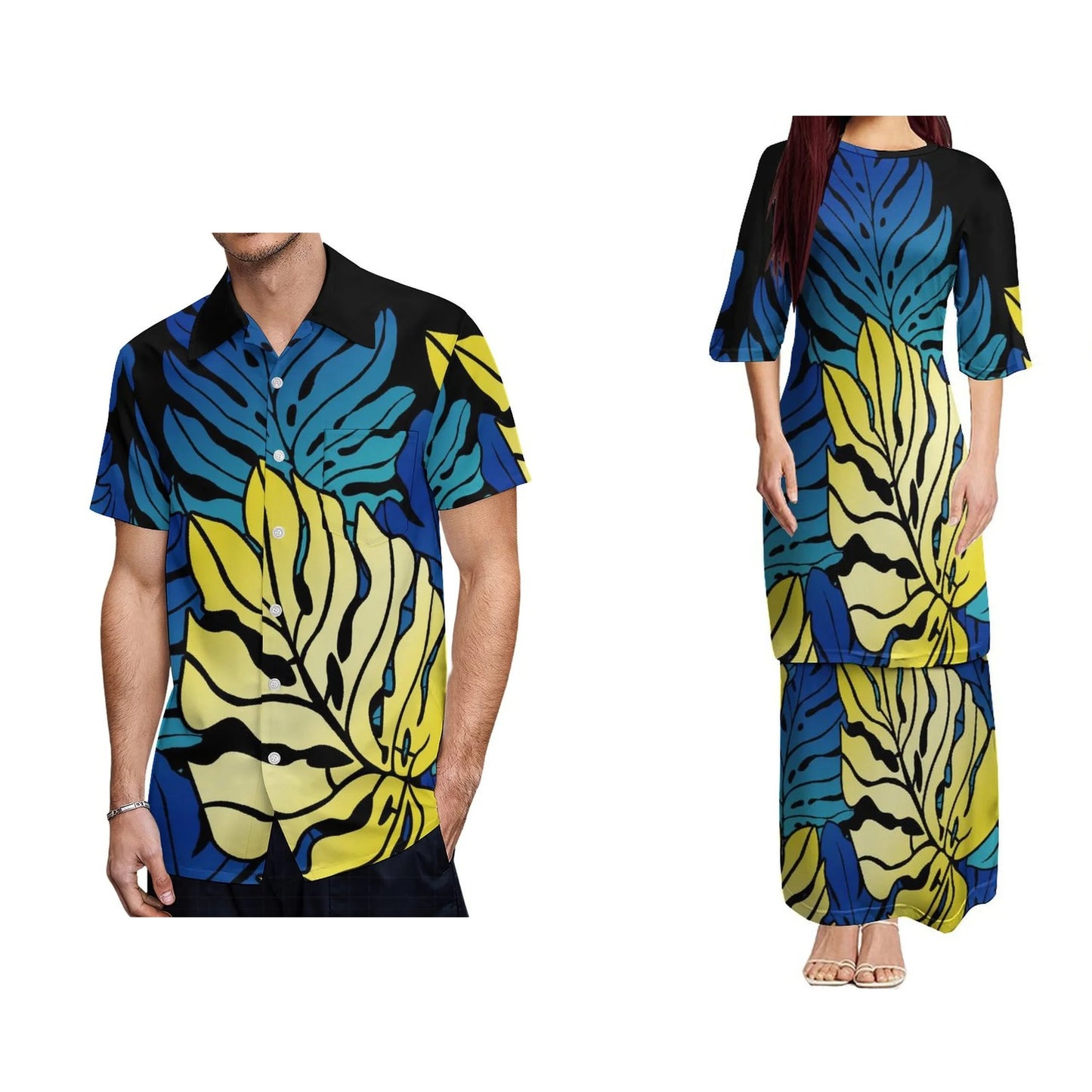 Polynesian Tribal Leaf Pattern Puletasi Dress And Hawaiian Shirt For Him Her Tropical Matching Outfit For Couple