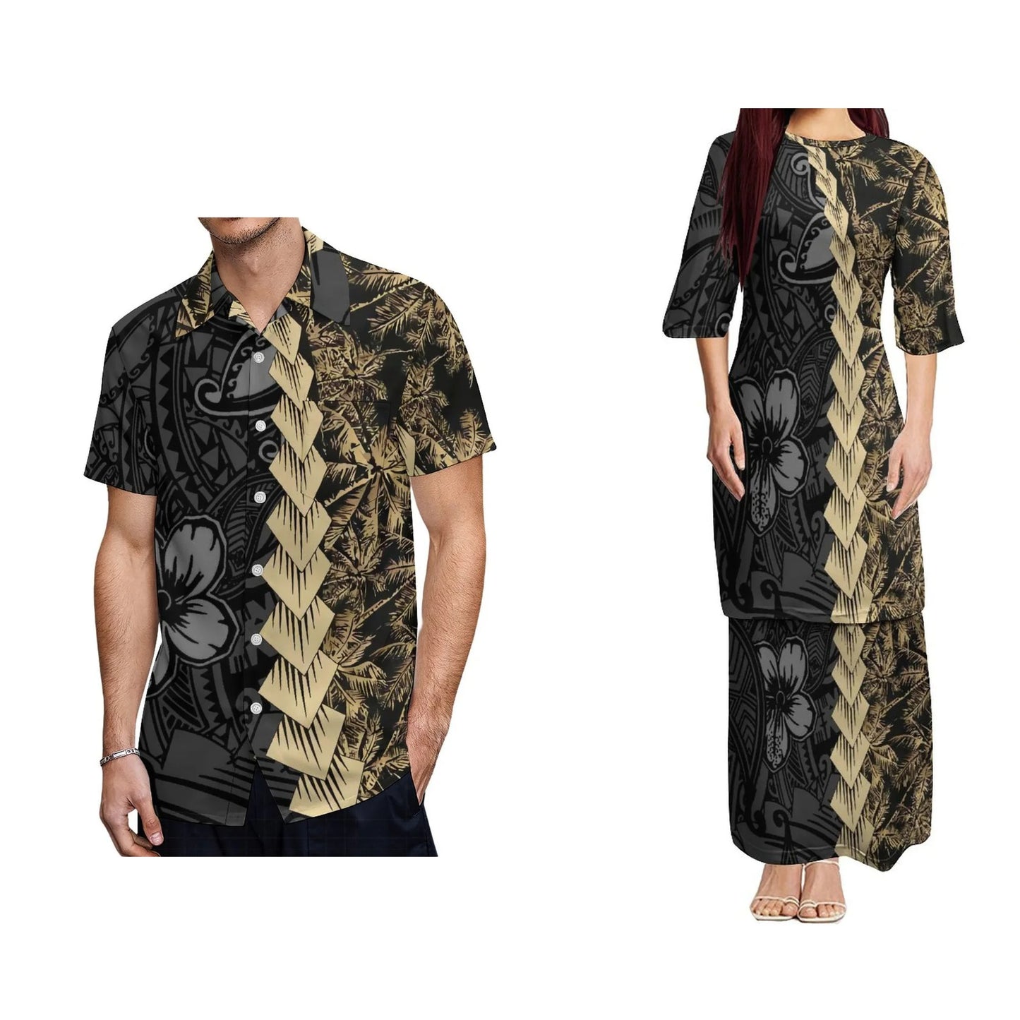 Polynesian Tribal Flowers Pattern Printed Puletasi Dress And Hawaiian Shirt For Him Her Tropical Matching Outfit For Couple