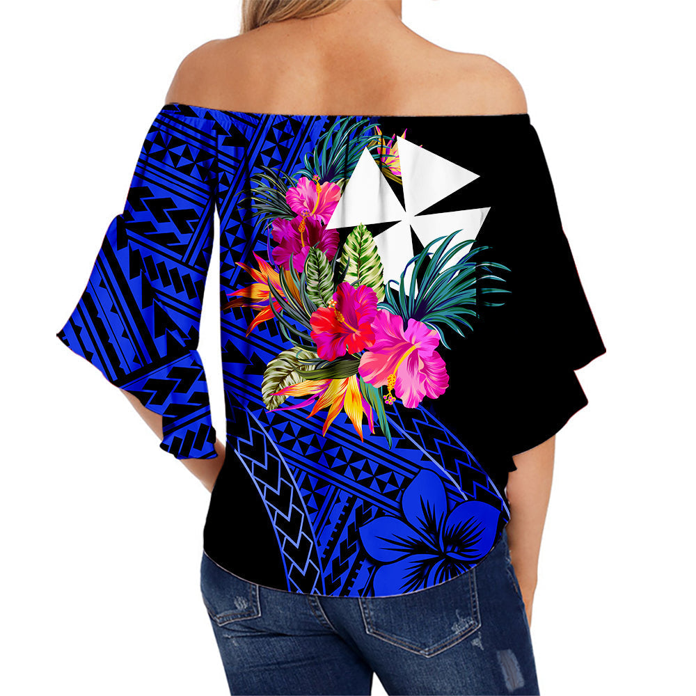 Wallis and Futuna Off Shoulder Waist Wrap Top Hibiscus Blue No.1 Color