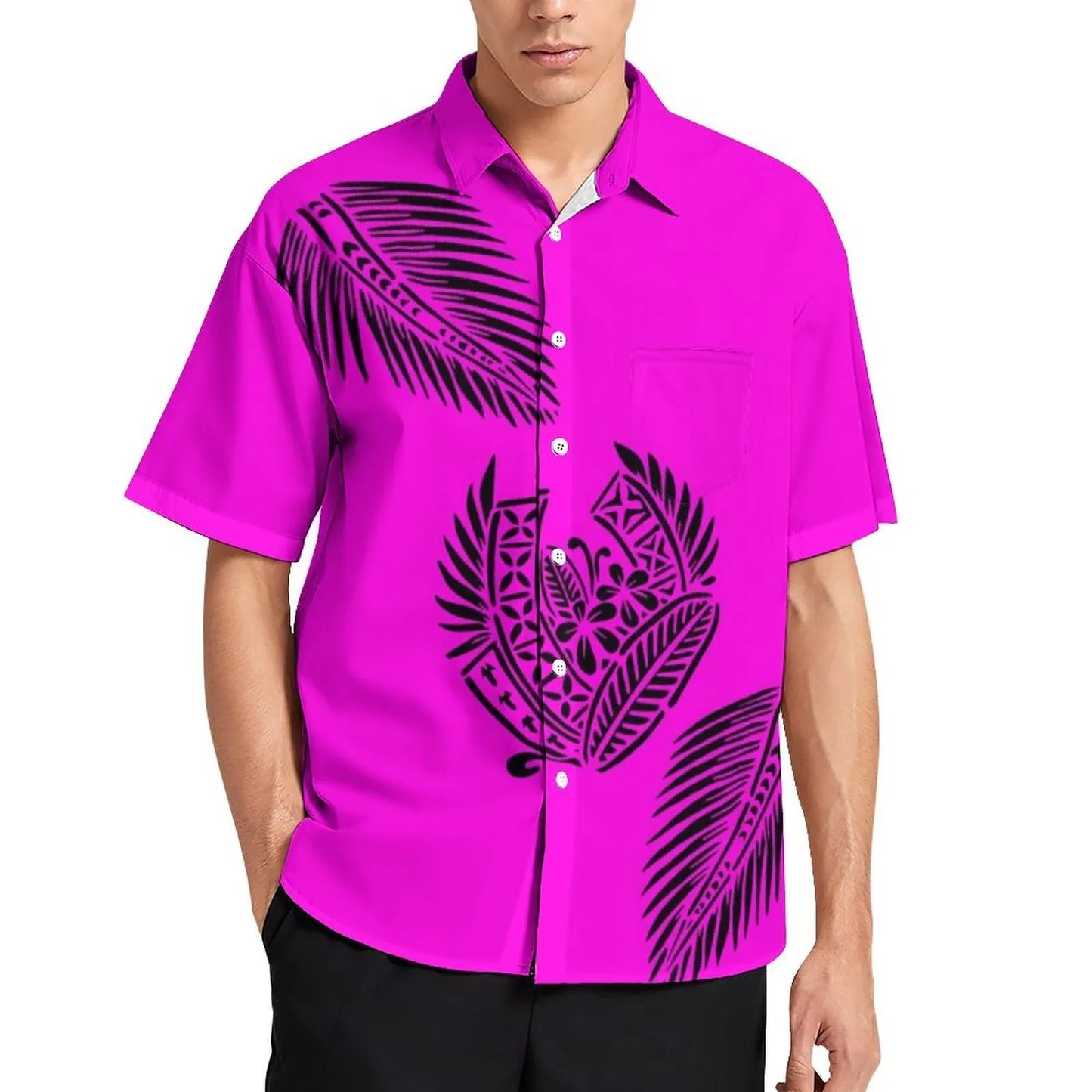 Pink Tropical Polynesian Traditional Tribal Couple Set Puletasi Dress Two-Piece Suit With Men's Shirt Blue Matching Outfit For Couple