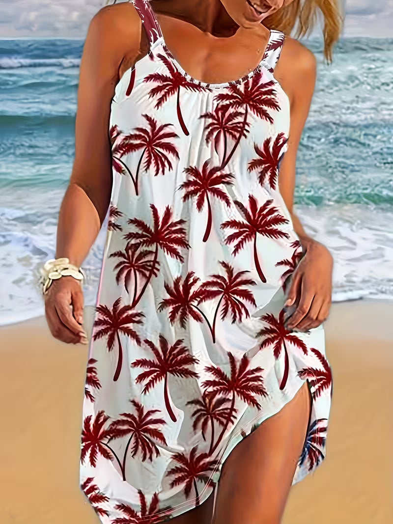 Bohemian Maxi Dress with Palm Tree Print Beach Vacation Dress Short Sleeve Strapless Spaghetti Suspender Dress in White & Green Palm Leaf Pattern
