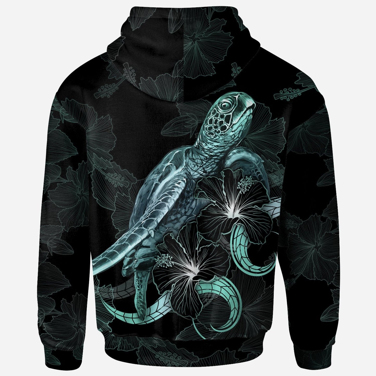 Yap Polynesian Zip-Up Hoodie Turtle With Blooming Hibiscus Turquoise