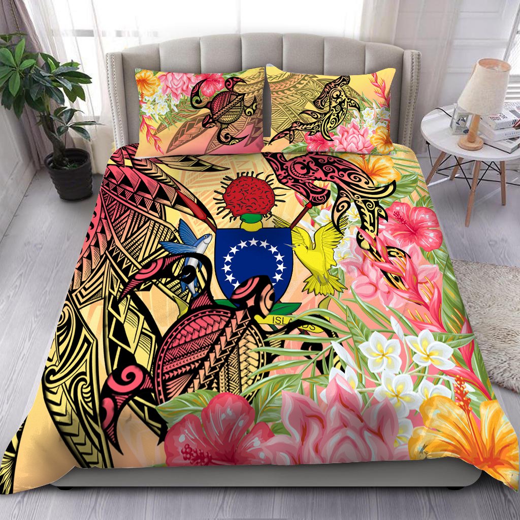 Cook Islands Bedding Set Flowers Tropical With Sea Animals