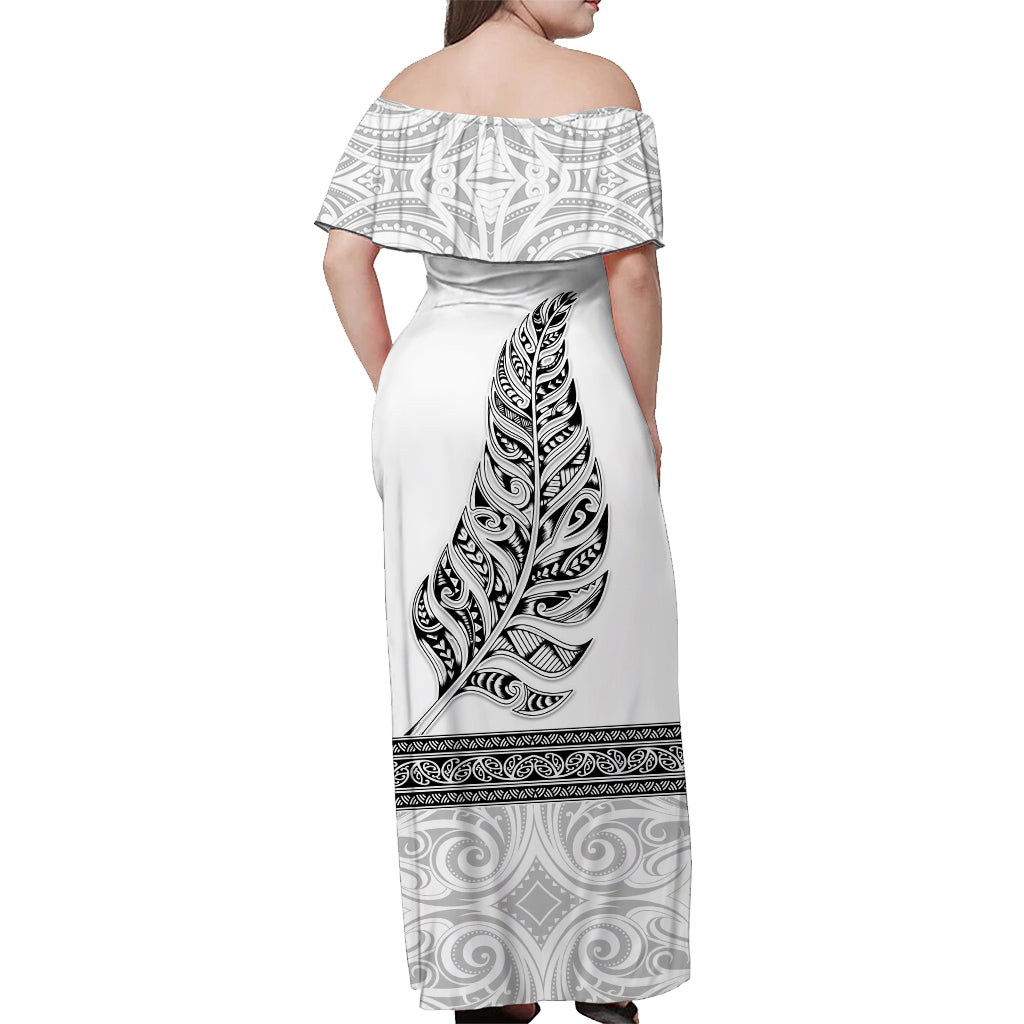 Custom Personalised New Zealand Off Shoulder Long Dress Maori Pattern Silver Fern White