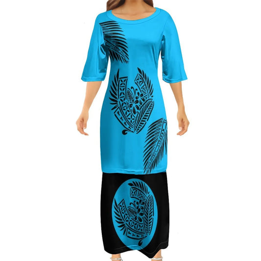 Neon Blue Tropical Polynesian Traditional Tribal Couple Set Puletasi Dress Two-Piece Suit With Men's Shirt Blue Matching Outfit For Couple