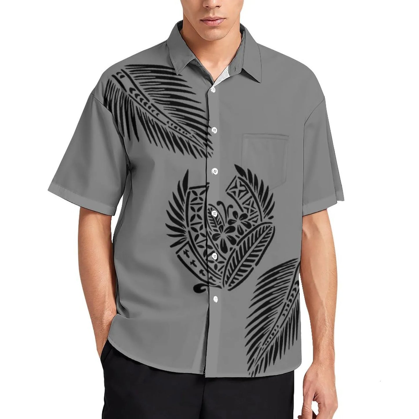 Grey Tropical Polynesian Traditional Tribal Couple Set Puletasi Dress Two-Piece Suit With Men's Shirt Blue Matching Outfit For Couple