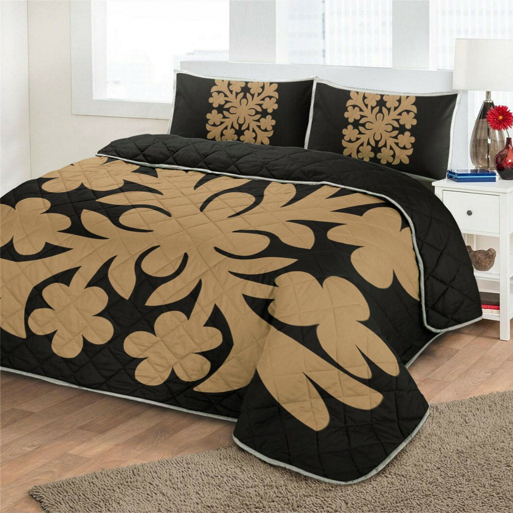Hawaiian Royal Pattern Quilt Bed Set Black And Gold E1 Style AH