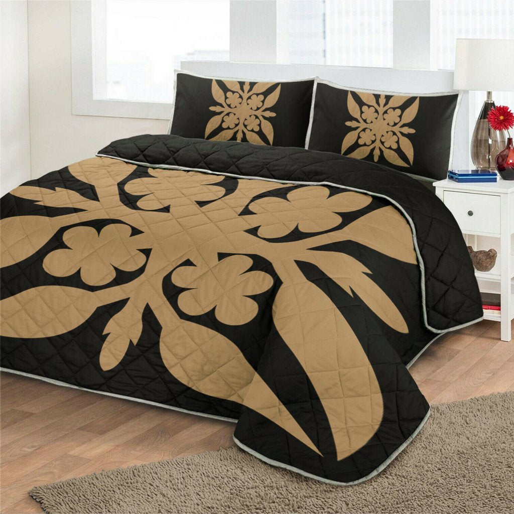 Hawaiian Royal Pattern Quilt Bed Set Black And Gold G1 Style AH