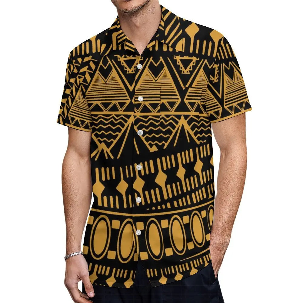 Polynesian Traditional Printed Island Geometric Pattern Fishtail Dress And Hawaiian Shirt Matching Outfit For Couple Set For Him Her