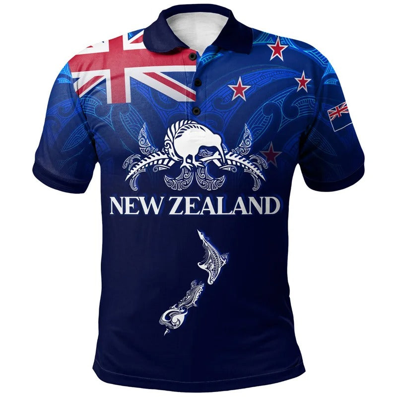 New Zealand Flag Polo Shirt Polynesian NZ Map Kiwi Bird Pattern Symbols Printed Shirt
