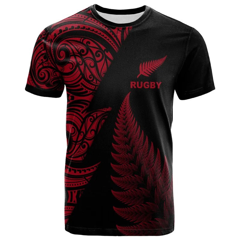 Red New Zealand Maori Rugby T Shirt Unisex Polynesian Silver Fern Leaf Shirt Round Neck Short Sleeves Tops