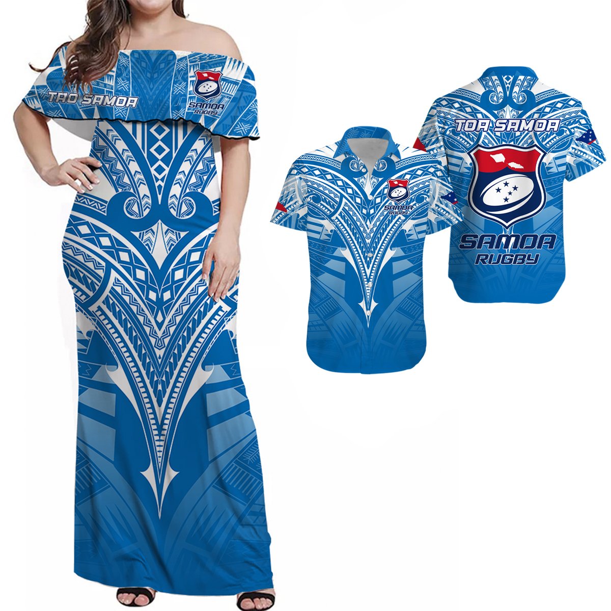 His And Her Matching Outfits Samoa Rugby Toa Samoa Blue Style Combo Dress And Hawaiian Shirt
