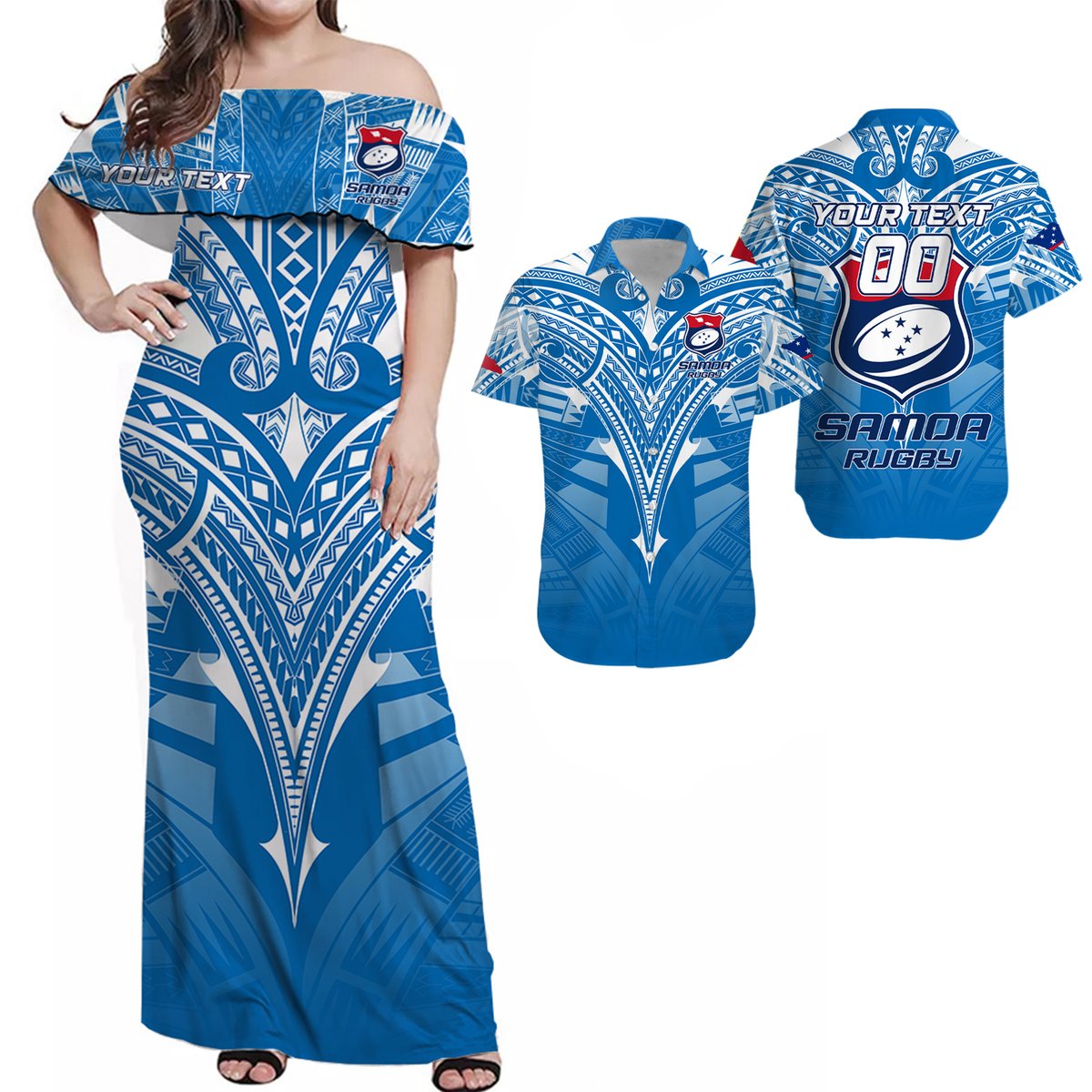 (Custom Personalised) Polynesian Couple Outfits Samoa Rugby Toa Samoa Blue Style Combo Dress And Hawaiian Shirt