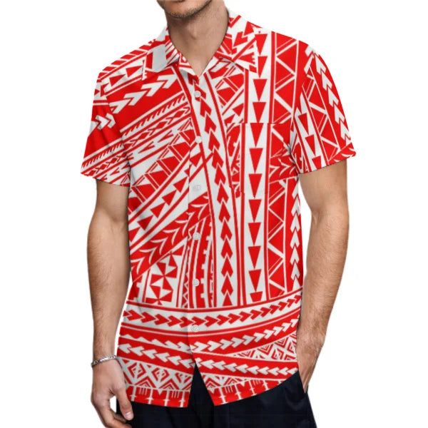 Polynesian Printed Pattern Red Matching Outfit For Couple Clothing Tropical Fishtail Dress And Shirt For Her Him