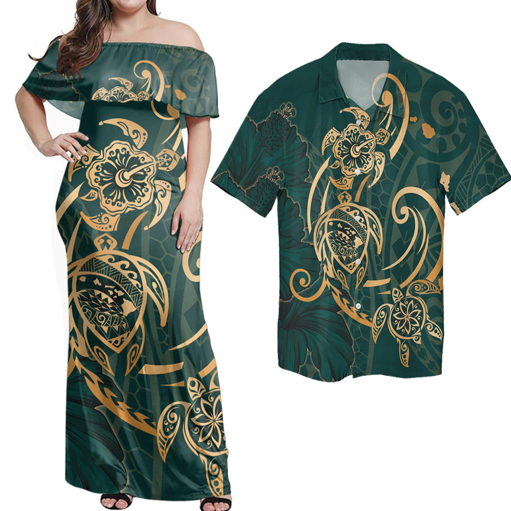 Matching Hawaiian Outfits Combo Dress and Shirt Hawaii Triple Marble Turtle Polynesian Hibiscus Benjamin Style Green